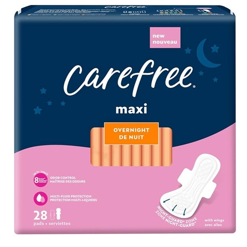 Carefree Maxi Pads for Women, Overnight Pads With Wings, 28ct