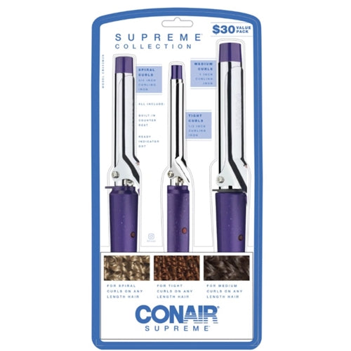 Conair Supreme Triple 0.5", 0.75", 1" Ceramic Spring Curling Iron, Purple, 3 Piece