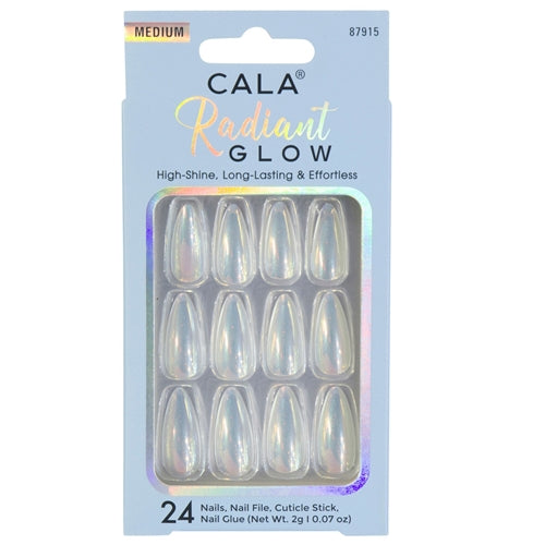 Cala Radiant Glow Medium Almond - White Chrome Press On Nails 24pc