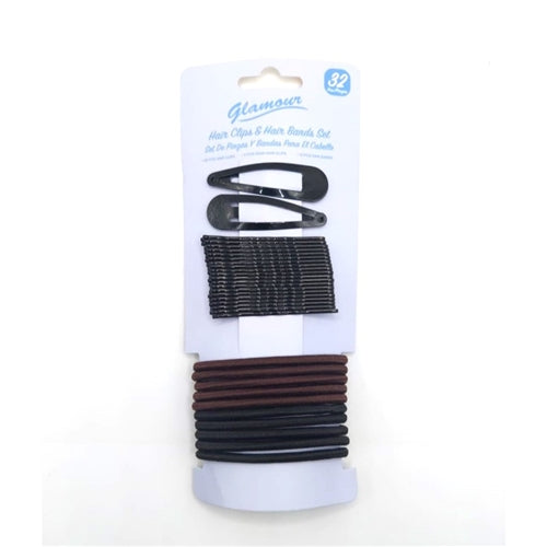 Glamour Hair Clips & Hair Bands Set, 32's Black & Brown