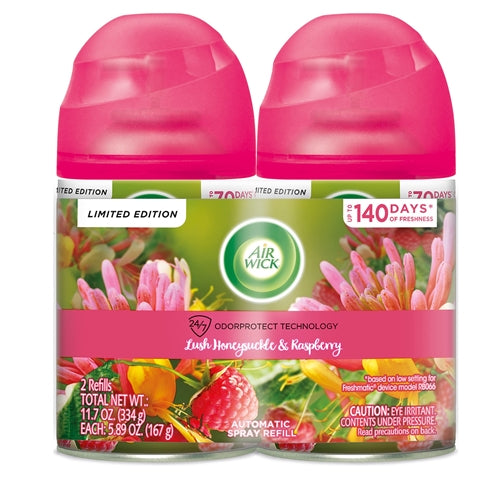 Air Wick Automatic Air Freshener Spray Refill, Lush Honeysuckle & Raspberry, Essential Oils, 2 Pack