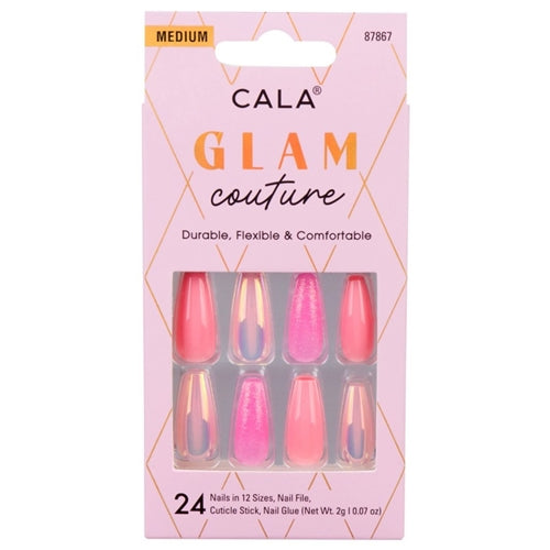 Cala Glam Couture Press On Nails, Medium Coffin Pink, Glitter & Iridescent