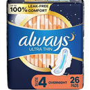 Always Ultra Thin Pads for Women, Size 4 Overnight Absorbency, Unscented with Wings, 26 Count