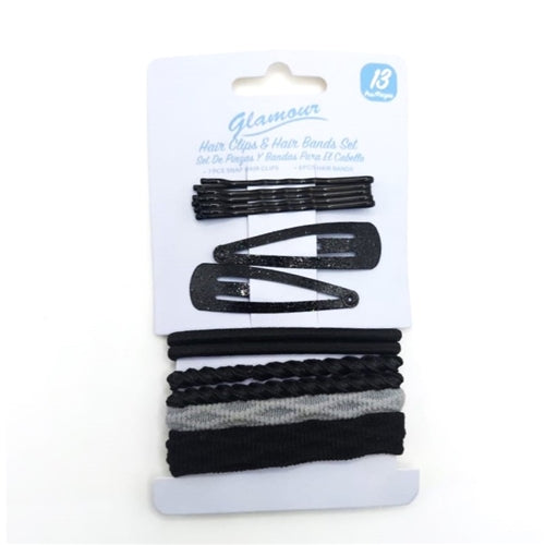 Glamour Hair Clips & Hair Bands Set, 13's Black & Grey