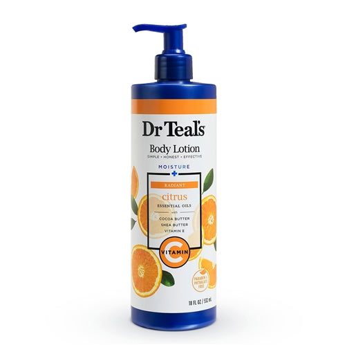 Dr Teal's Body Lotion, 24 Hour Moisture + Radiant with Vitamin C & Citrus Essential Oils, 18 fl oz.