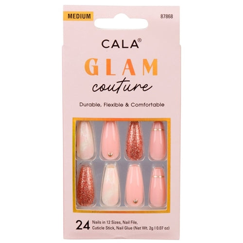 Cala Glam Couture Press On Nails, Medium Coffin Blush, Solid Marble