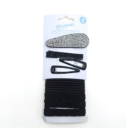 Glamour Hair Clips & Hair Bands Set, 18's Black & Silver