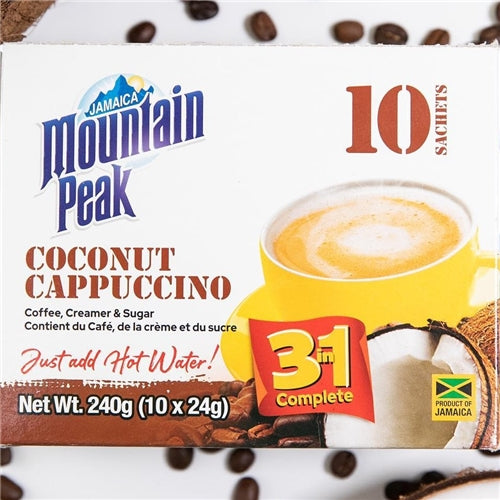 Mountain Peak Coconut Cappuccino Jamaican 3 In 1 Flavored Coffee, 10 Sachets