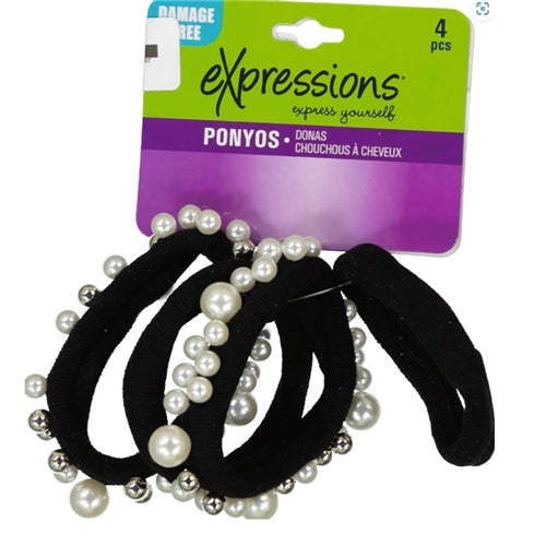 Expressions 4pc Pony Tail Holders With Pearl Beads - Black