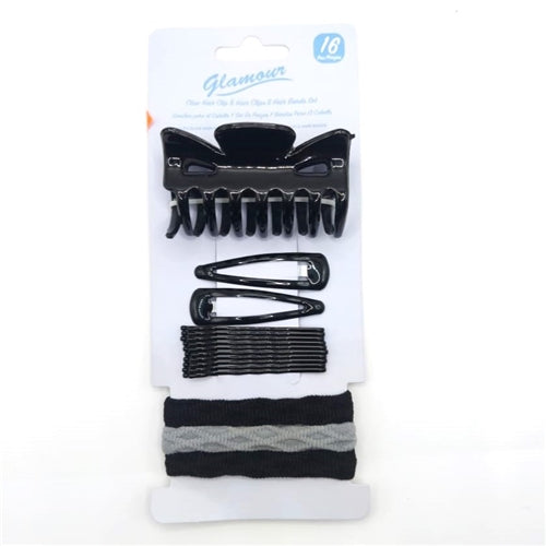 Glamour Hair Clips & Hair Bands Set, 16's Black & Grey