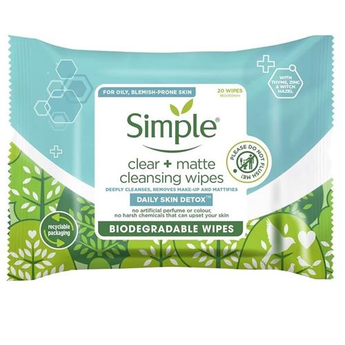 Simple Daily Skin Detox Clear + Matte with Vitamin B3 Biodegradable Wipes for Oily Skin 20 wipes