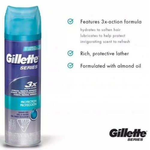 Gillette Series 3X Action Shaving Gel, Protection, With Almond Oil, 7oz
