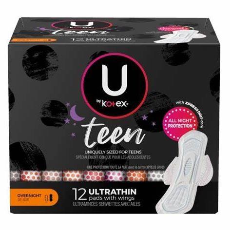 Kotex Ultra-Thin Teen Feminine Pads with Wings, Overnight Protection, Unscented, 12 Count