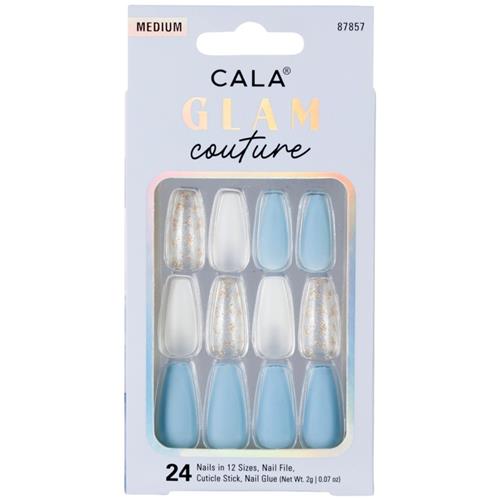 Cala Glam Couture Blue & White Press On Nails, 24's Medium Lengeth