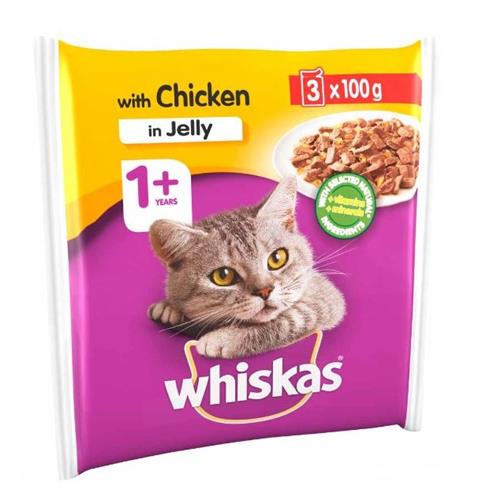 Whiskas Adult Wet Cat Food Pouches Chicken in Jelly 3 x 100g