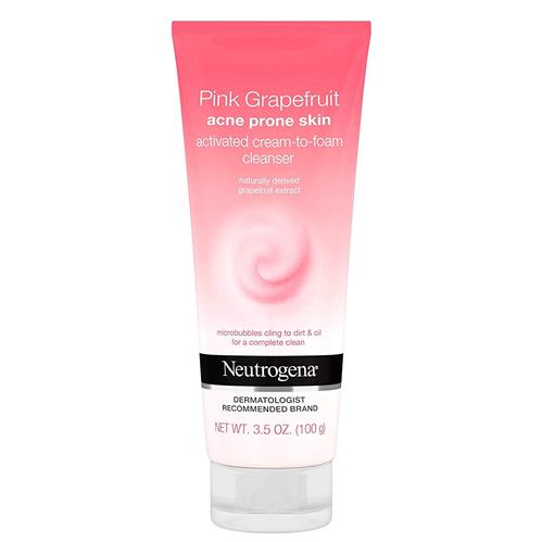 Neutrogena Pink Grapefruit Activated Cream-to-Foam Acne Facial Cleanser For Acne Prone Skin, Oil-Free & Non-Comedogenic Daily Acne Fighting Face Wash, 3.5 oz