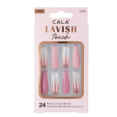 Cala Lavish Touch Long Press On Nails, 24's Pink With Glitter