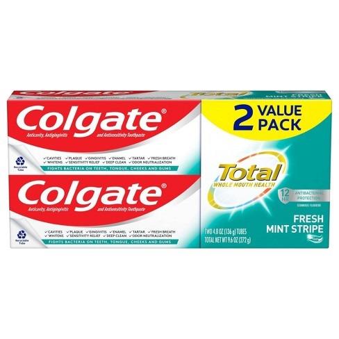 Colgate Total Fluoride Toothpaste Gel - Fresh Mint Stripe Gel - 4.8oz, 2 VALUE PACK