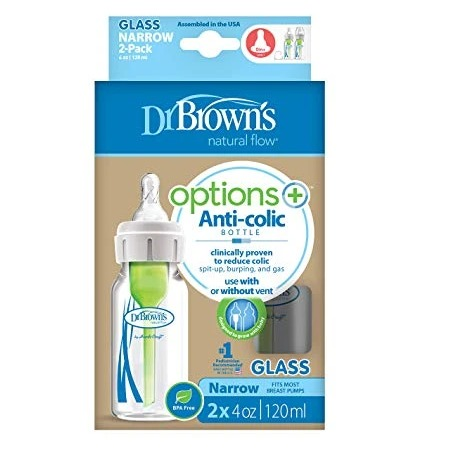 Dr. Brown's Natural Flow Options + Narrow Glass Baby Bottles, 4OZ , 2-Pack