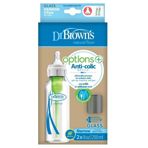 Dr. Brown's Natural Flow Options + Narrow Glass Baby Bottles, 8 oz, 2-Pack