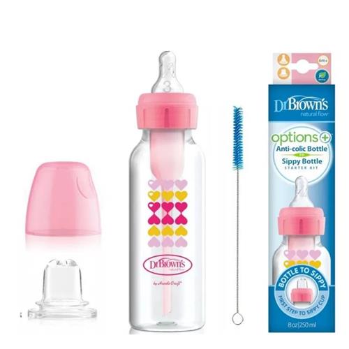 Dr Brown's Options Anti-Colic Bottle To Sippy, Narrow Neck 8 oz - 250 ml Pink