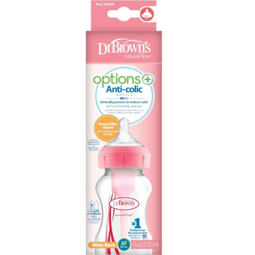 Dr. Brown’s Options+, Wide-Neck Baby Bottle, 270 ml, Pink