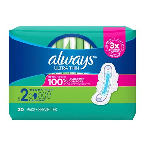 Always Ultra Thin, Long Super Pads With Wings, Unscented Size 2, 20 Count