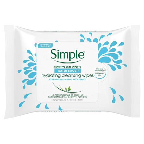 Simple Sensitive Skin Water Boost Hydrating Facial Cleansing Wipes, 25 Count