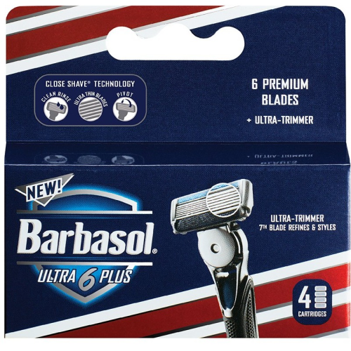 Barbasol Ultra 6 Plus Manual Men's Razor Blade Refills, 4 Count