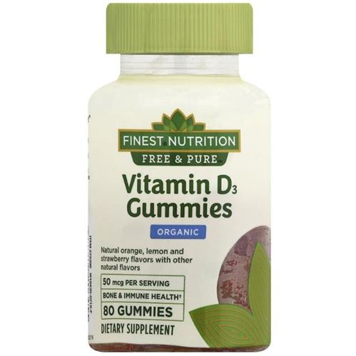 Finest Nutrition Vitamin D3 2000I IU Gummy Natural Orange, Lemon, Strawbery Flavors 80 Count