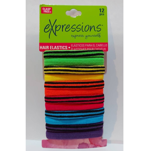 EXPRESSIONS 12PC STRIPED/SOLID COLOURED HAIR ELASTICS