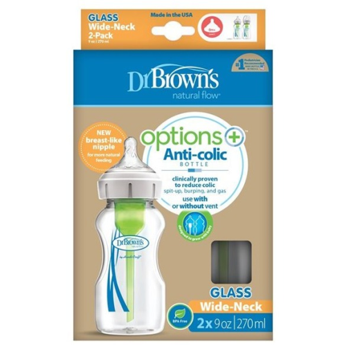 Dr. Brown’s Options+ Anti-Colic Wide-Neck Glass Baby Bottle 2x270ml