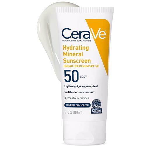 CeraVe Hydrating Body Sunscreen SPF 50, Lightweight Mineral Sunscreen, 5 fl oz