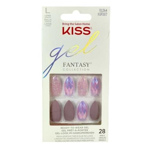 Kiss Nails Gel Fantasy Press or Glue Manicure Long Gel Almond Purple Glitter  28 Nails